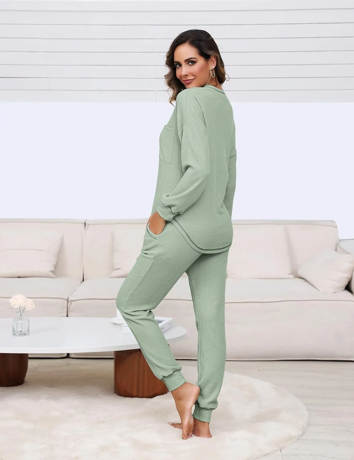 Womens Pajama Sets Waffle Knit 2 Piece Lounge Sets Sleepwear Loungewear Pjs Sets Long Sleeve V Neck Top and Pant Fall