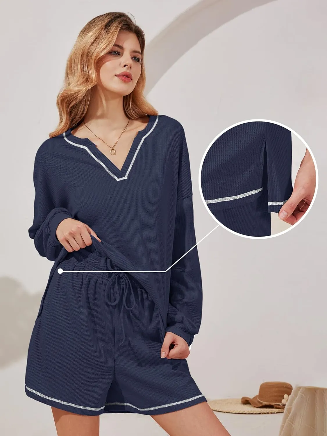 Womens Pajama Sets Waffle Knit Long Sleeve Tops and Shorts Matching Lounge Set Loungewear with Pockets S-XXL