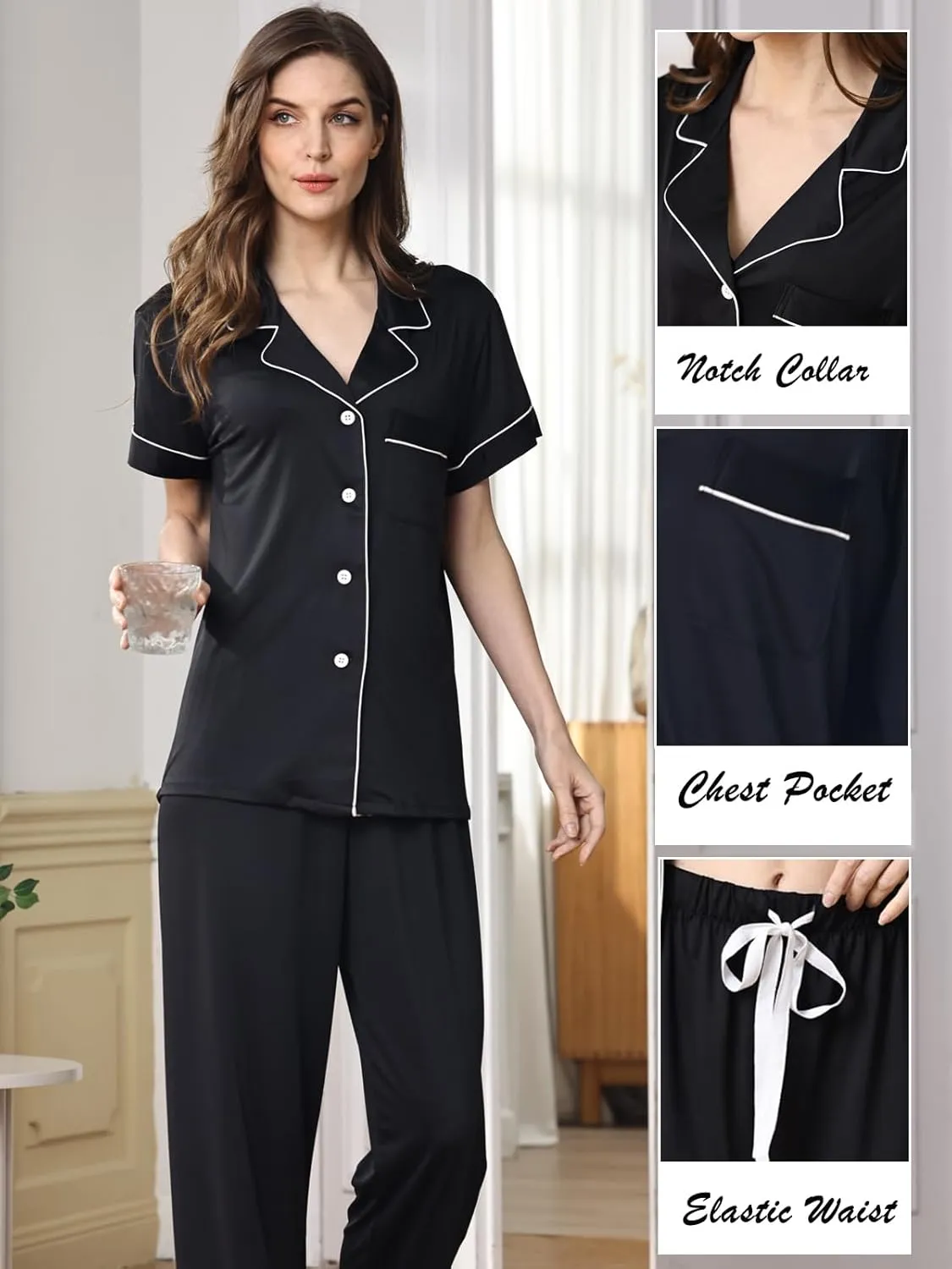 Womens Pajamas Set 3Pcs Pajama Sets Soft Sleepwear XS-XXL Button Down Lounge Sets Nightwear Long Pants Pjs Sets