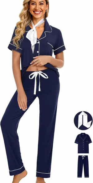 Womens Pajamas Set 3Pcs Pajama Sets Soft Sleepwear XS-XXL Button Down Lounge Sets Nightwear Long Pants Pjs Sets