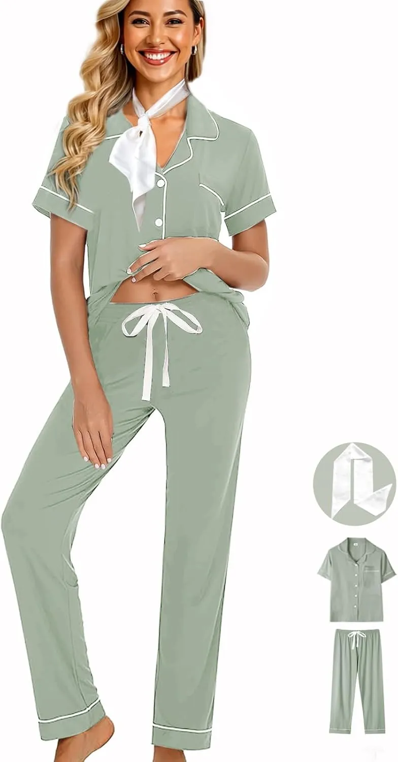 Womens Pajamas Set 3Pcs Pajama Sets Soft Sleepwear XS-XXL Button Down Lounge Sets Nightwear Long Pants Pjs Sets