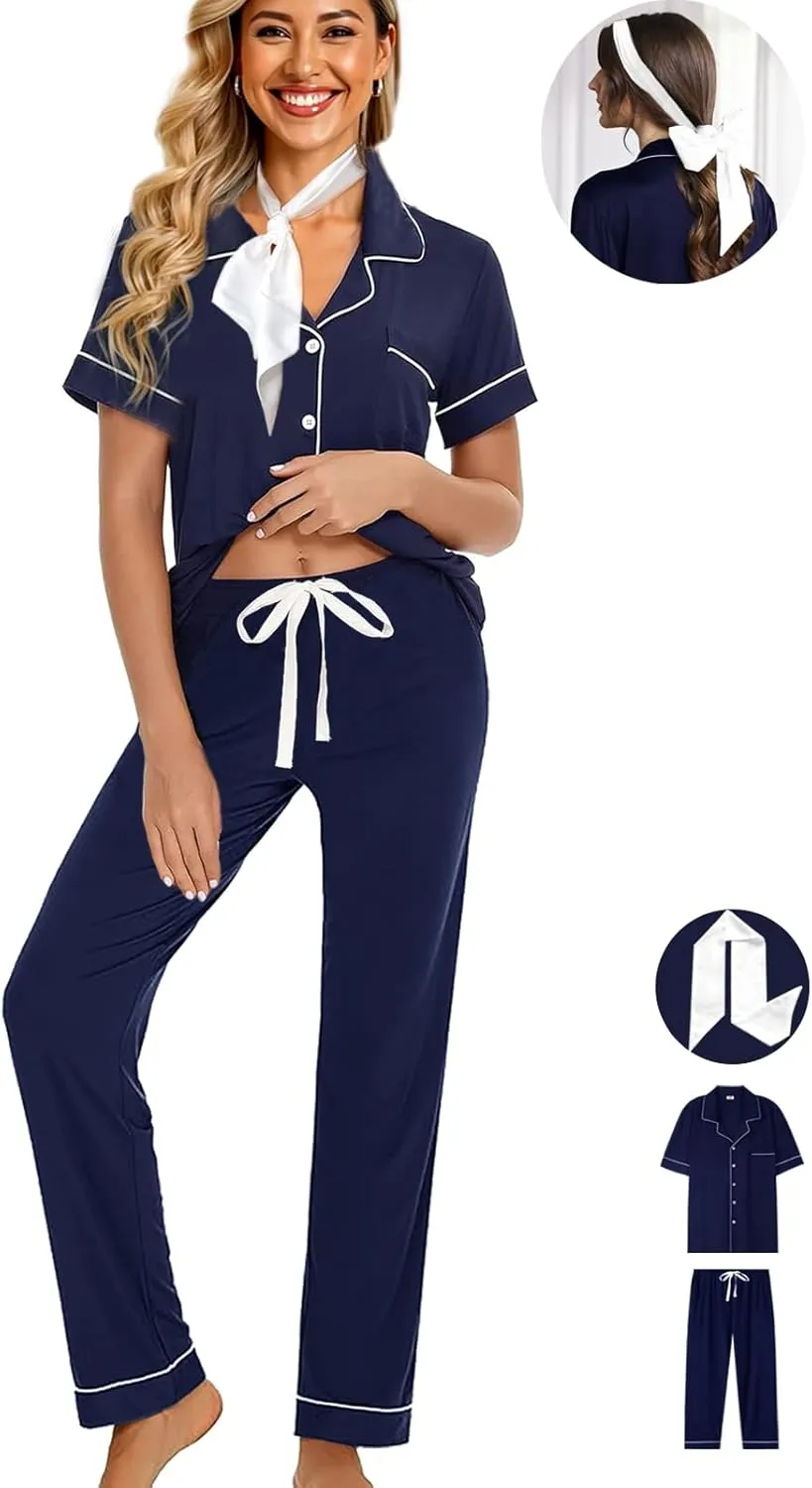 Womens Pajamas Set 3Pcs Pajama Sets Soft Sleepwear XS-XXL Button Down Lounge Sets Nightwear Long Pants Pjs Sets