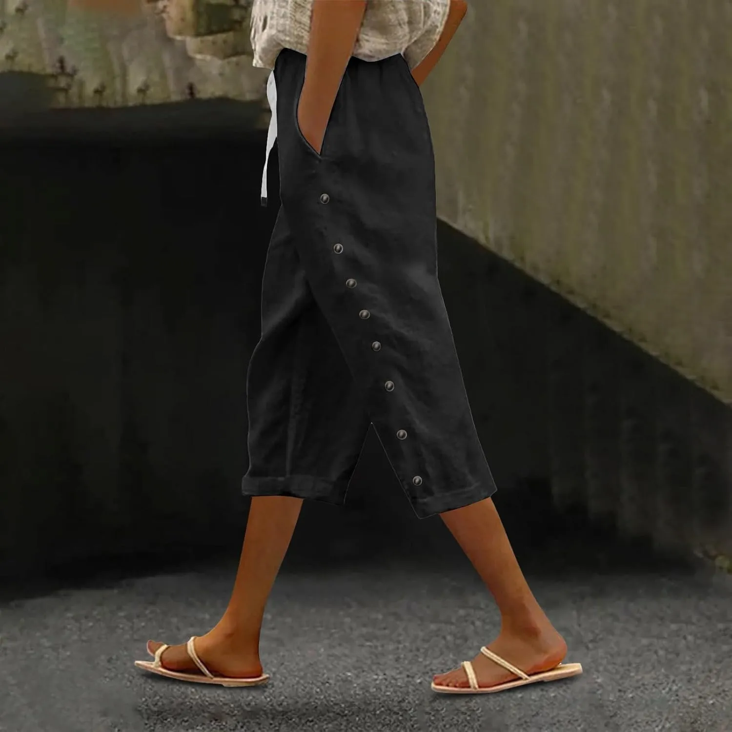 Women's Pants Solid Color Cotton Linen Elastic Seven Pants Beach Casual Linen Cotton Linen Pants Casual 2025