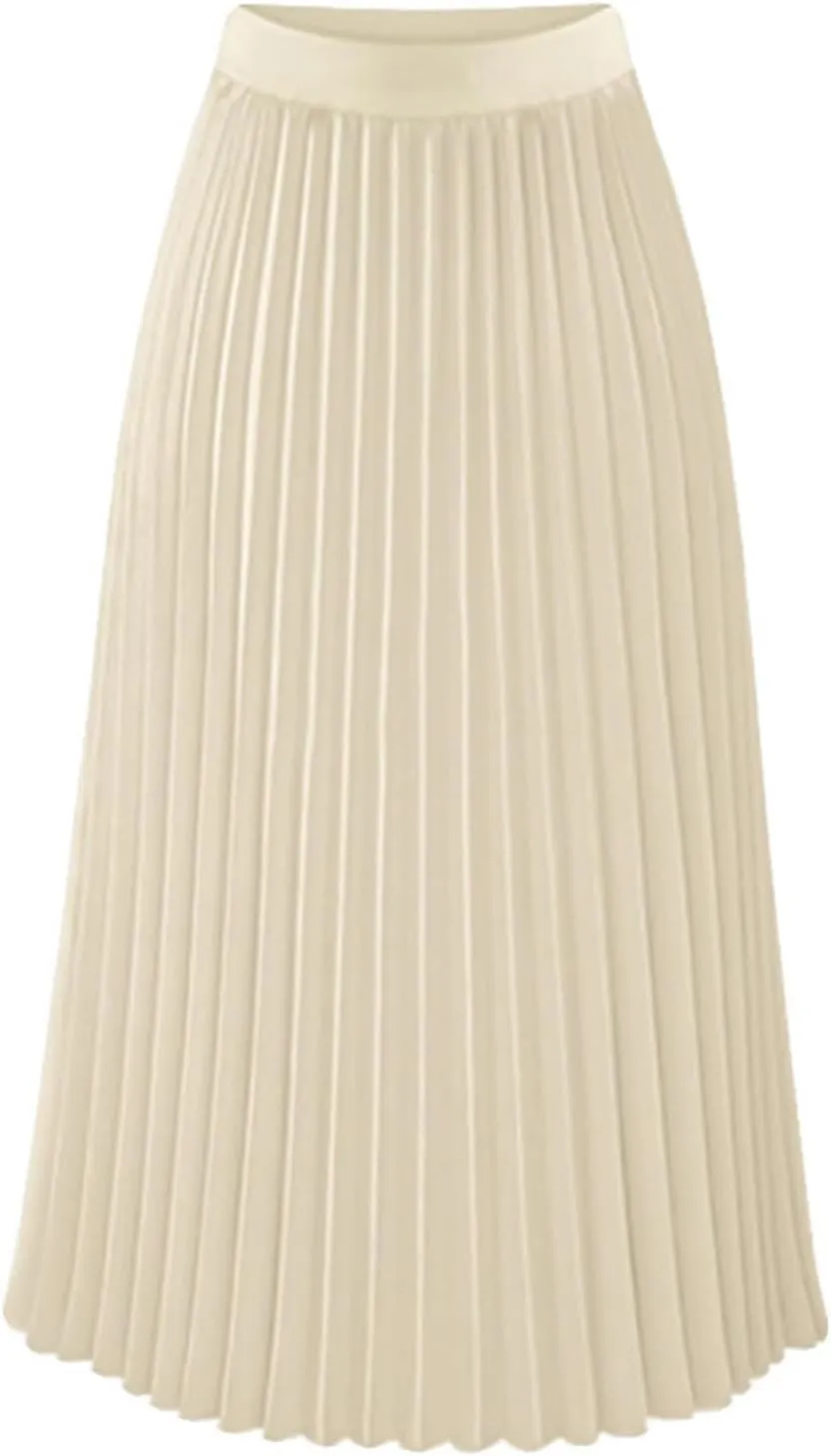 Women's Pleated Skirt Elastic High Waist A-Line Midi Length Skirts Solid Color Basic Casual Summer Long Skirt
