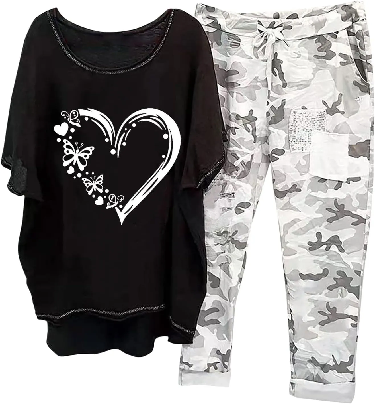 Womens Plus Size 2 Piece Travel Outfits 2024 Loose Cotton Linen Lounge Sets Summer Casual Jogger Sets Pants Suit