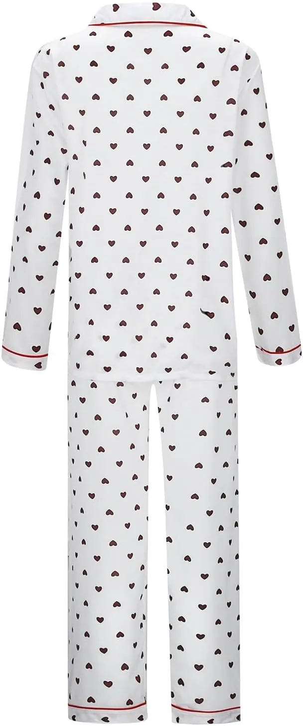 Womens Plus Size Long Sleeve Pajamas Set,Soft Button down Print Tops Full Length Pants Sleepwear Nightwear Pjs Lounge Sets