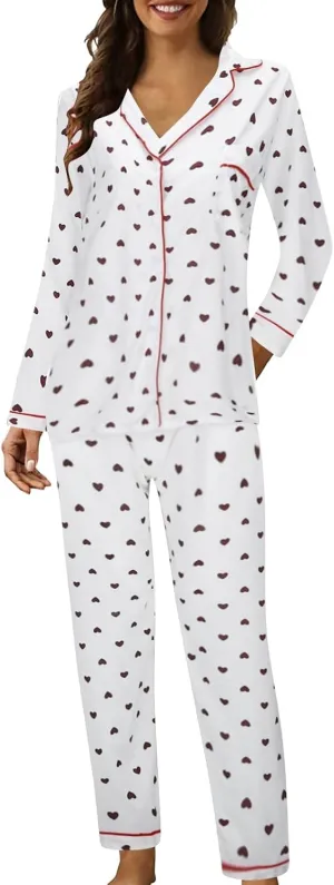 Womens Plus Size Long Sleeve Pajamas Set,Soft Button down Print Tops Full Length Pants Sleepwear Nightwear Pjs Lounge Sets