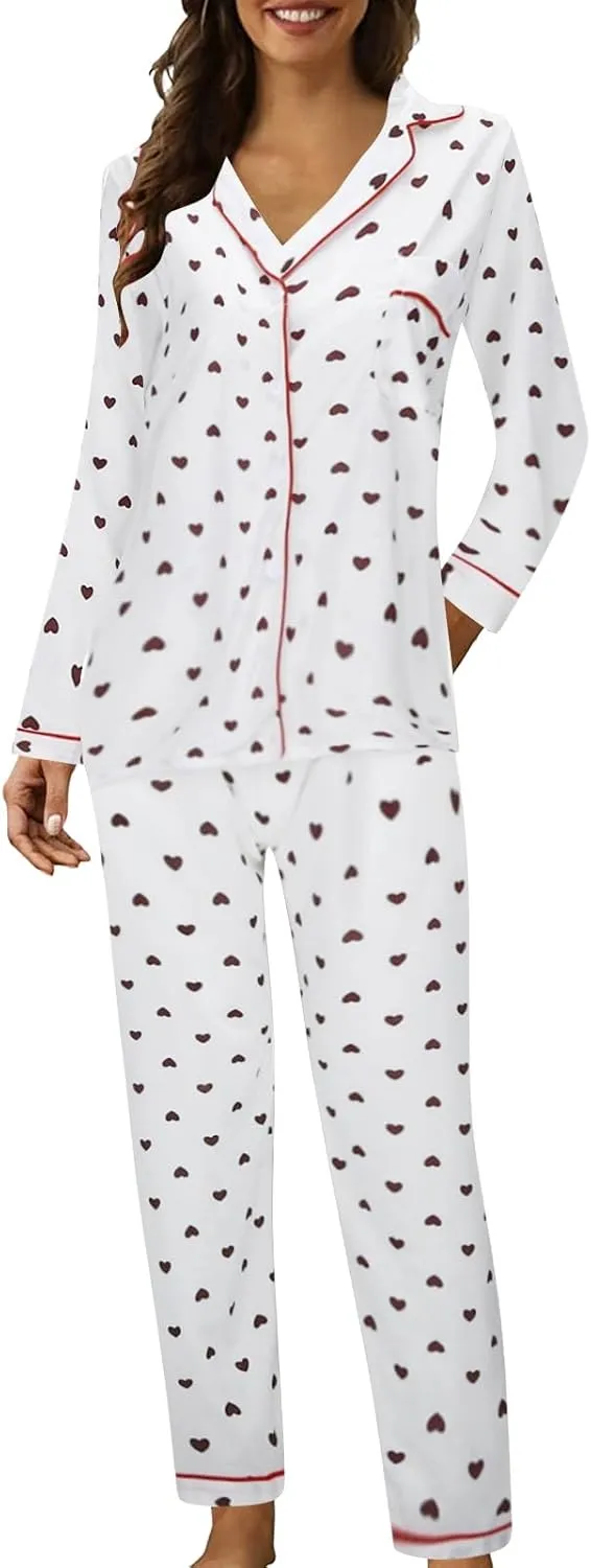 Womens Plus Size Long Sleeve Pajamas Set,Soft Button down Print Tops Full Length Pants Sleepwear Nightwear Pjs Lounge Sets