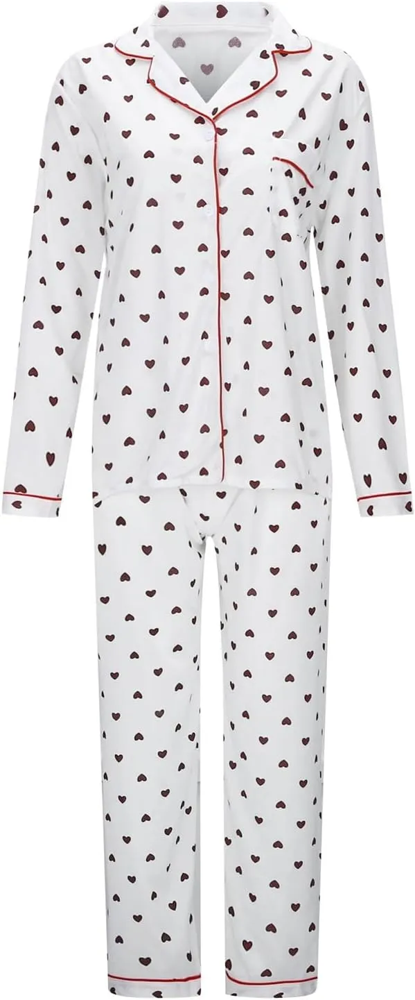 Womens Plus Size Long Sleeve Pajamas Set,Soft Button down Print Tops Full Length Pants Sleepwear Nightwear Pjs Lounge Sets