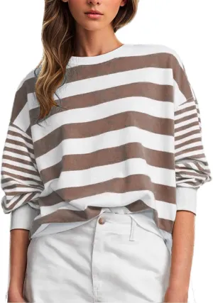 Women's Regular Fit Sweatshirts Loose Comfy Striped Print Long Sleeve Pullover Hoodie Autumnn Outdoor Crewneck Tunics