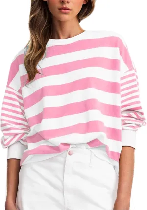 Women's Regular Fit Sweatshirts Loose Comfy Striped Print Long Sleeve Pullover Hoodie Autumnn Outdoor Crewneck Tunics