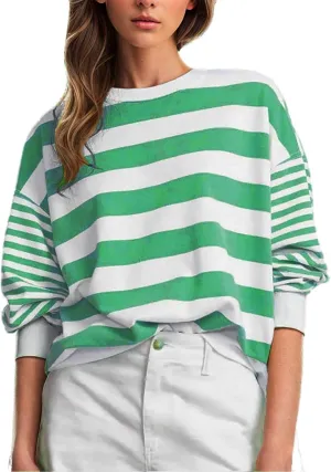 Women's Regular Fit Sweatshirts Loose Comfy Striped Print Long Sleeve Pullover Hoodie Autumnn Outdoor Crewneck Tunics