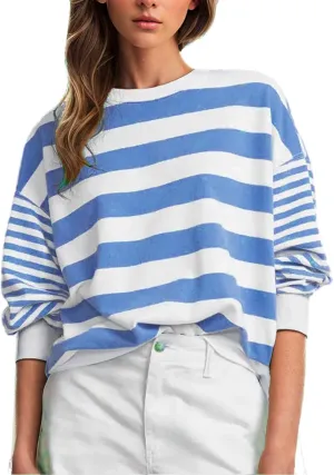 Women's Regular Fit Sweatshirts Loose Comfy Striped Print Long Sleeve Pullover Hoodie Autumnn Outdoor Crewneck Tunics