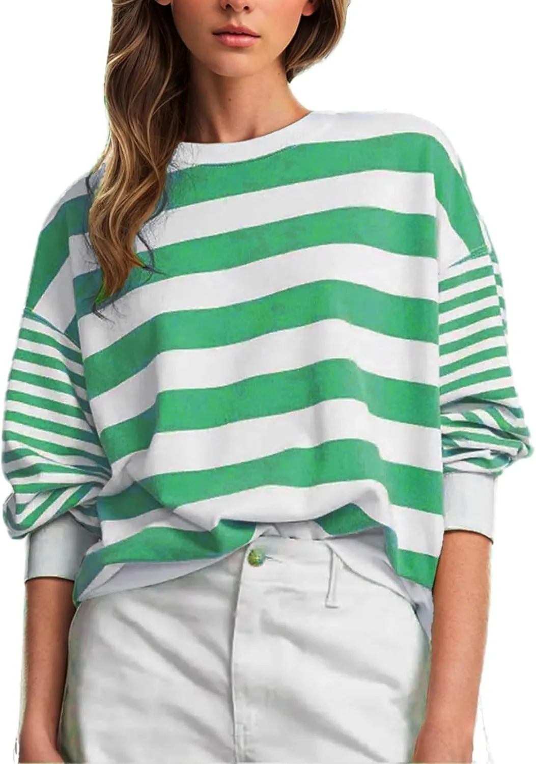 Women's Regular Fit Sweatshirts Loose Comfy Striped Print Long Sleeve Pullover Hoodie Autumnn Outdoor Crewneck Tunics