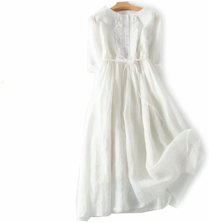 Women's Retro Ramie Round Neck Tie High Waist Midi Travel Dress for Vacation Casual Spring Summer Thin