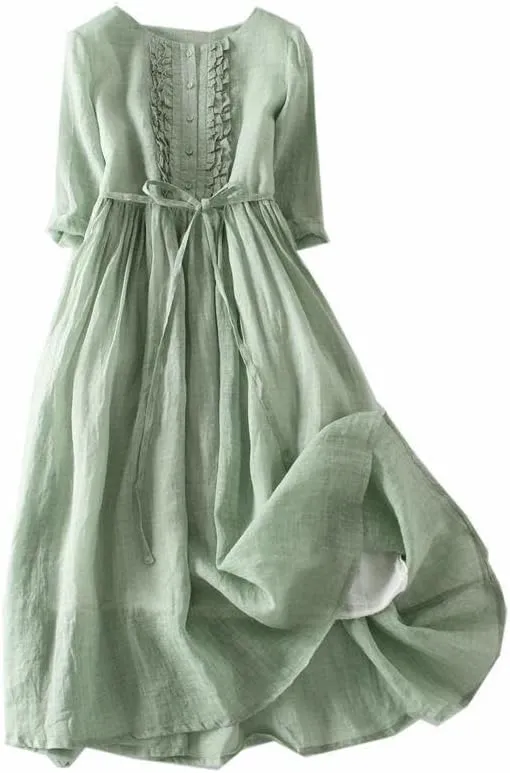 Women's Retro Ramie Round Neck Tie High Waist Midi Travel Dress for Vacation Casual Spring Summer Thin