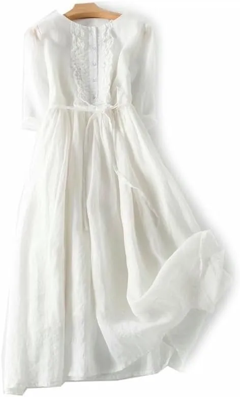 Women's Retro Ramie Round Neck Tie High Waist Midi Travel Dress for Vacation Casual Spring Summer Thin