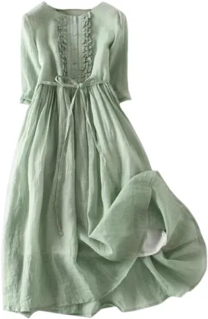 Women's Retro Ramie Round Neck Tie High Waist Midi Travel Dress for Vacation Casual Spring Summer Thin