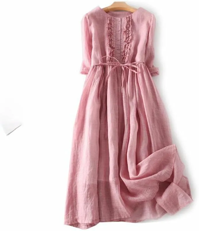 Women's Retro Ramie Round Neck Tie High Waist Midi Travel Dress for Vacation Casual Spring Summer Thin