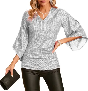 Womens Sequin Top 3/4 Sleeve Sparkly Shirt Glitter V-Neck Dressy Blouse for Evening Party Night