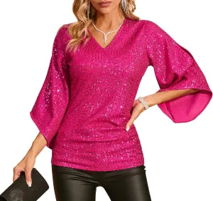 Womens Sequin Top 3/4 Sleeve Sparkly Shirt Glitter V-Neck Dressy Blouse for Evening Party Night