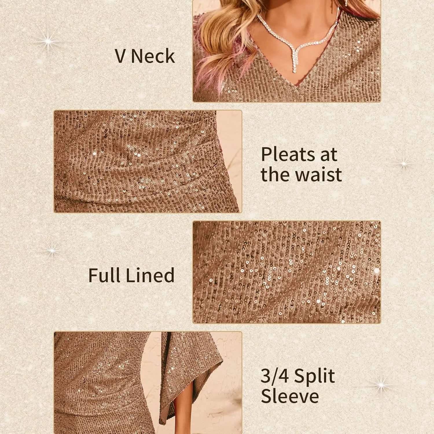 Womens Sequin Top 3/4 Sleeve Sparkly Shirt Glitter V-Neck Dressy Blouse for Evening Party Night