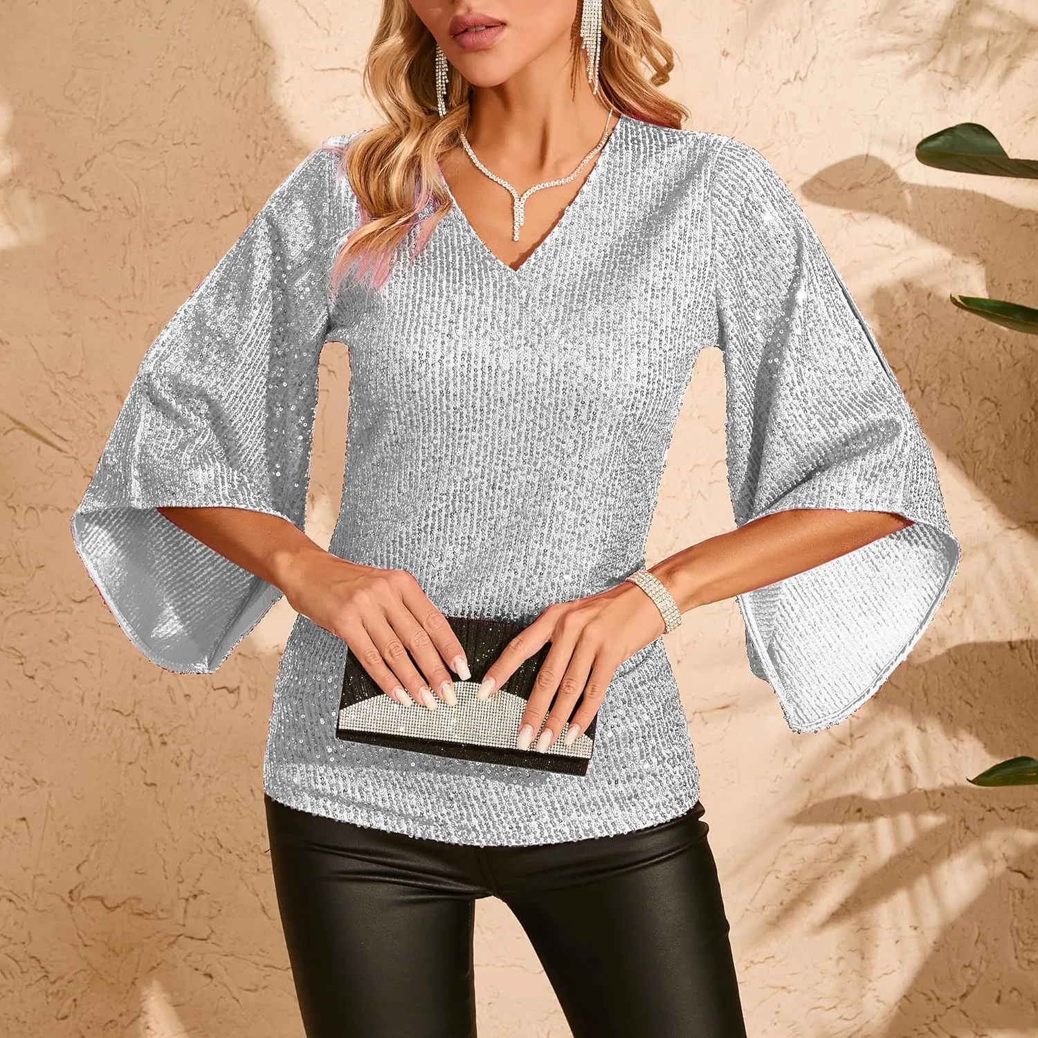 Womens Sequin Top 3/4 Sleeve Sparkly Shirt Glitter V-Neck Dressy Blouse for Evening Party Night