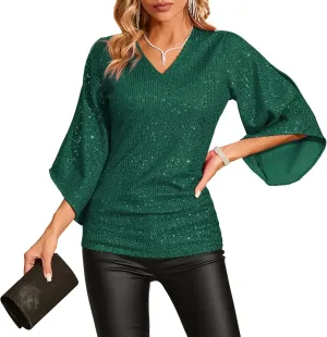 Womens Sequin Top 3/4 Sleeve Sparkly Shirt Glitter V-Neck Dressy Blouse for Evening Party Night