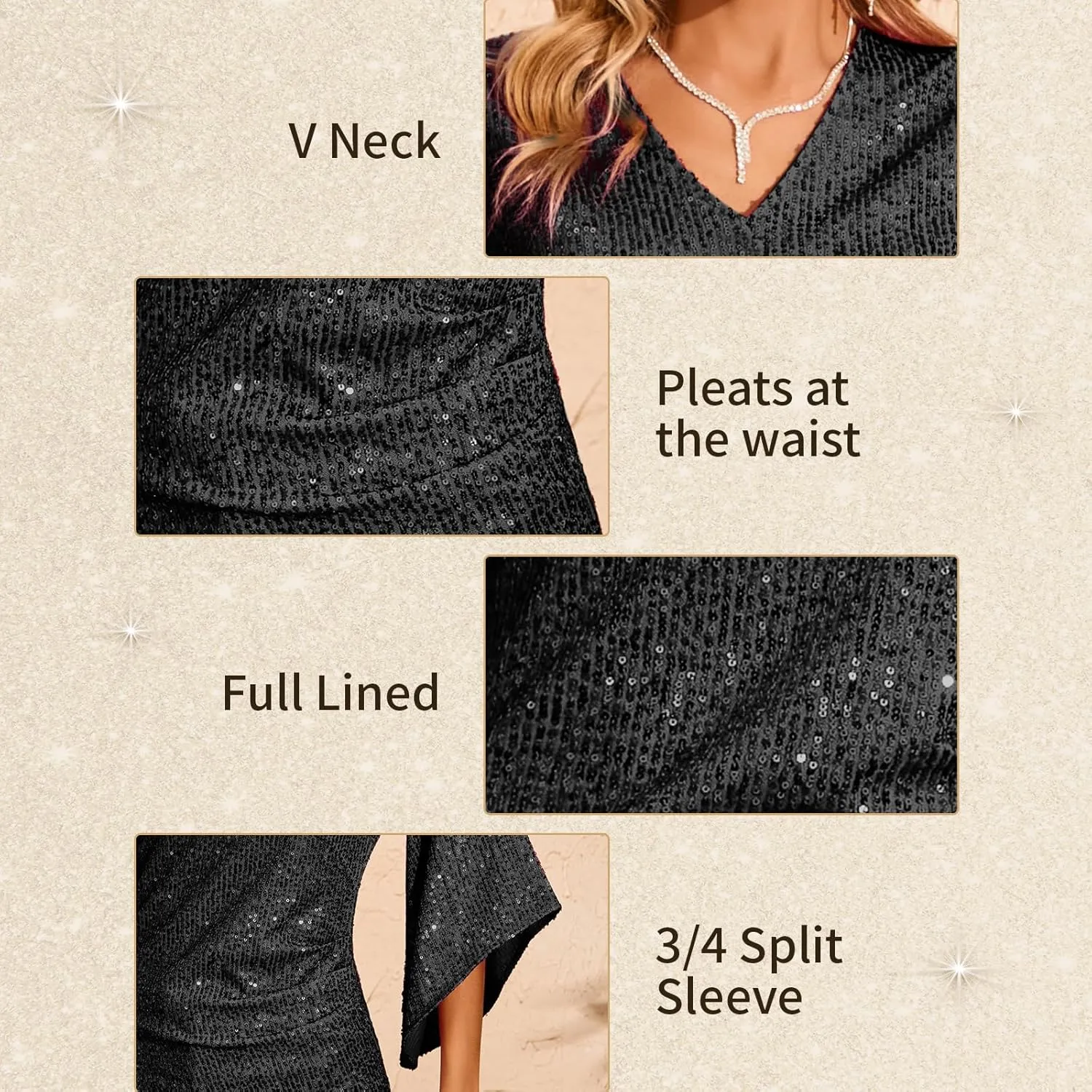 Womens Sequin Top 3/4 Sleeve Sparkly Shirt Glitter V-Neck Dressy Blouse for Evening Party Night