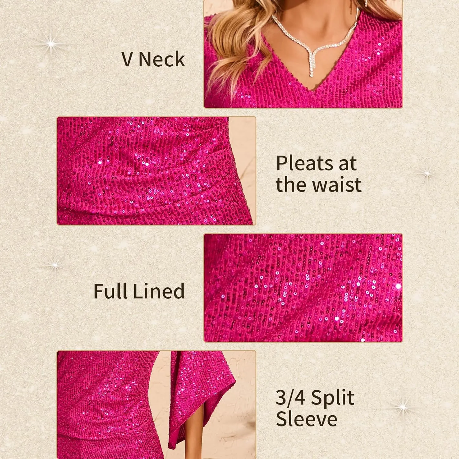 Womens Sequin Top 3/4 Sleeve Sparkly Shirt Glitter V-Neck Dressy Blouse for Evening Party Night