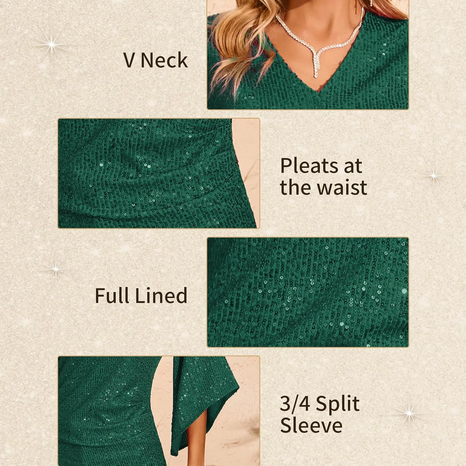 Womens Sequin Top 3/4 Sleeve Sparkly Shirt Glitter V-Neck Dressy Blouse for Evening Party Night