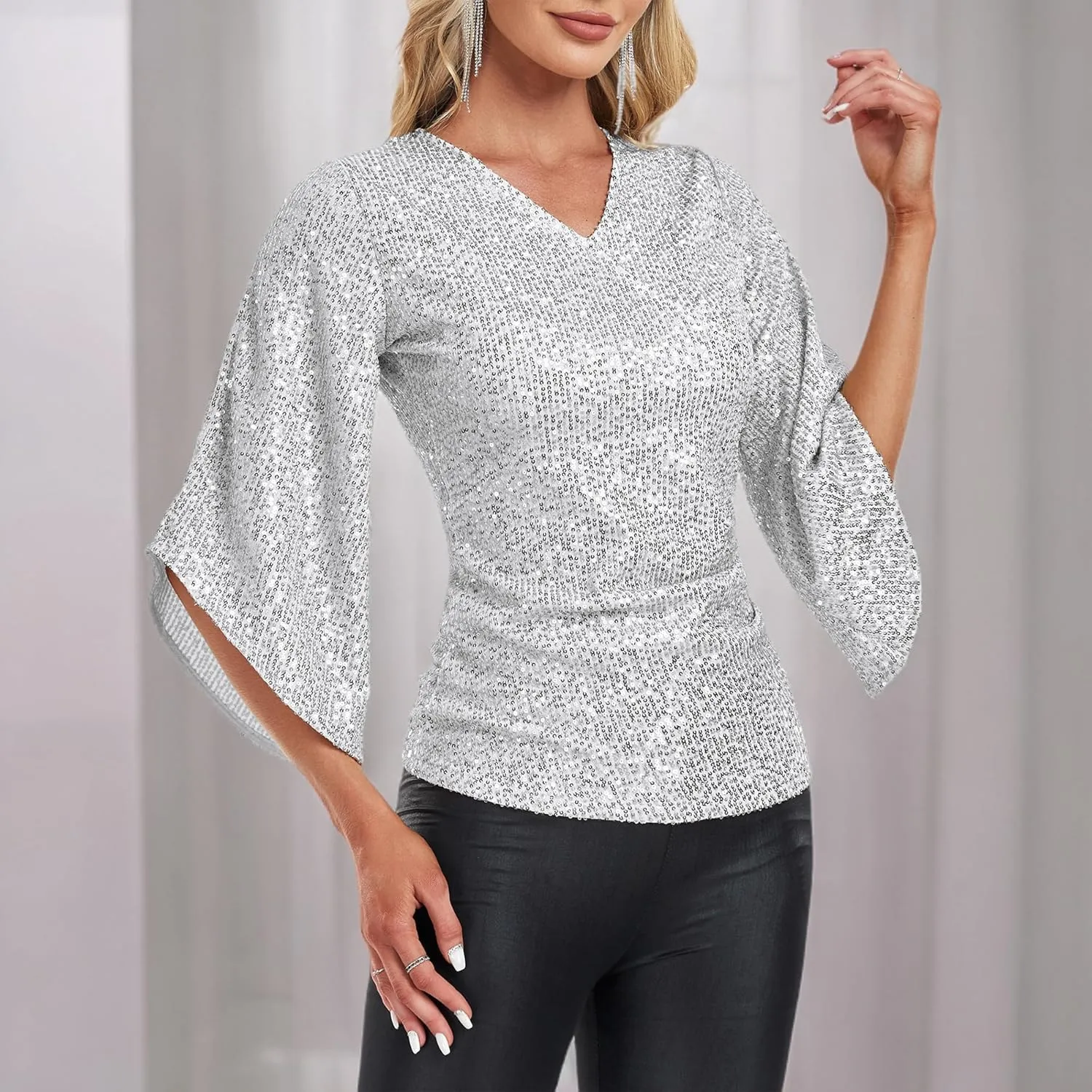 Womens Sequin Top 3/4 Sleeve Sparkly Shirt Glitter V-Neck Dressy Blouse for Evening Party Night