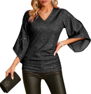 Womens Sequin Top 3/4 Sleeve Sparkly Shirt Glitter V-Neck Dressy Blouse for Evening Party Night