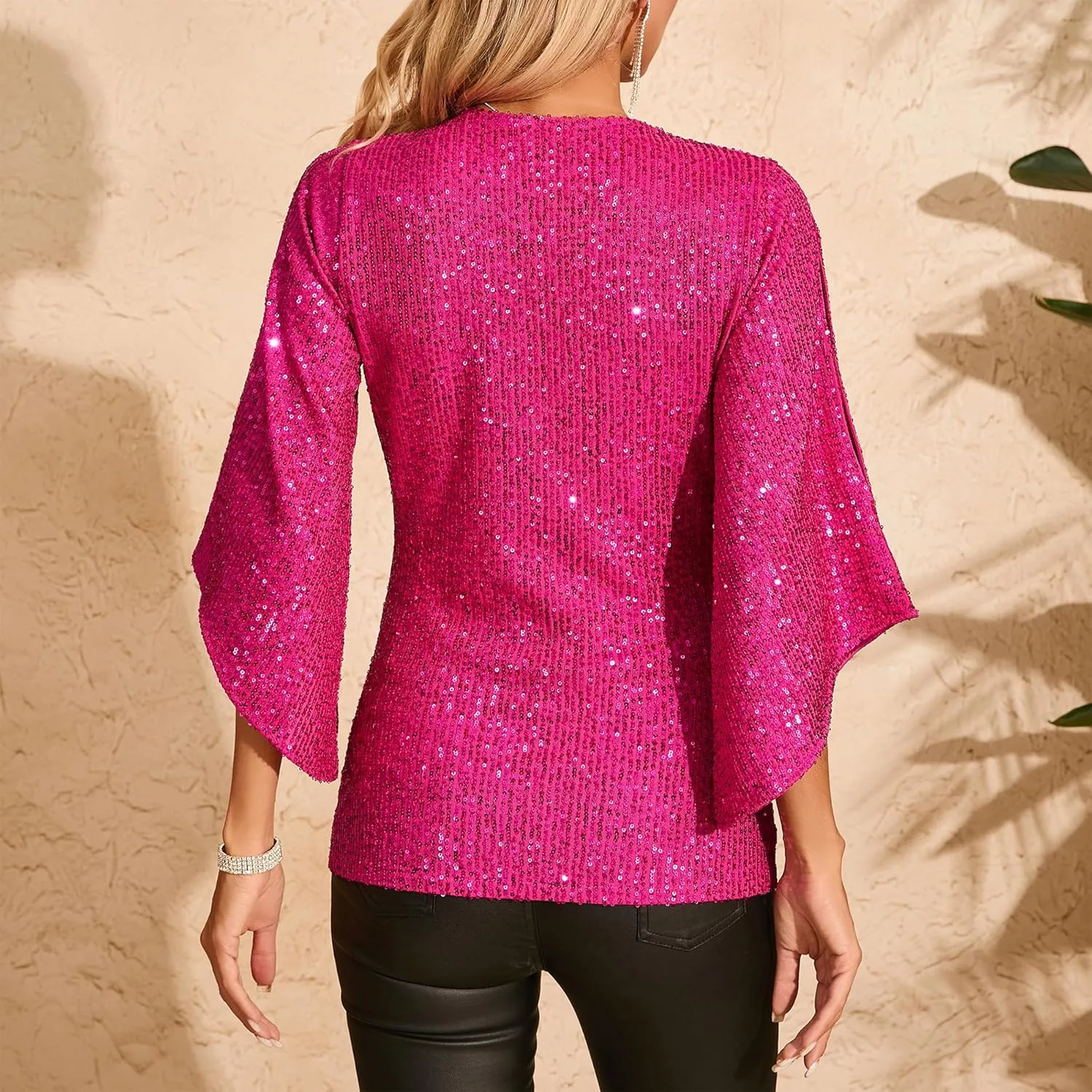 Womens Sequin Top 3/4 Sleeve Sparkly Shirt Glitter V-Neck Dressy Blouse for Evening Party Night