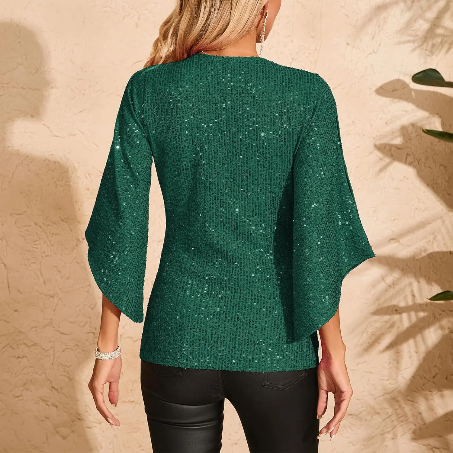Womens Sequin Top 3/4 Sleeve Sparkly Shirt Glitter V-Neck Dressy Blouse for Evening Party Night