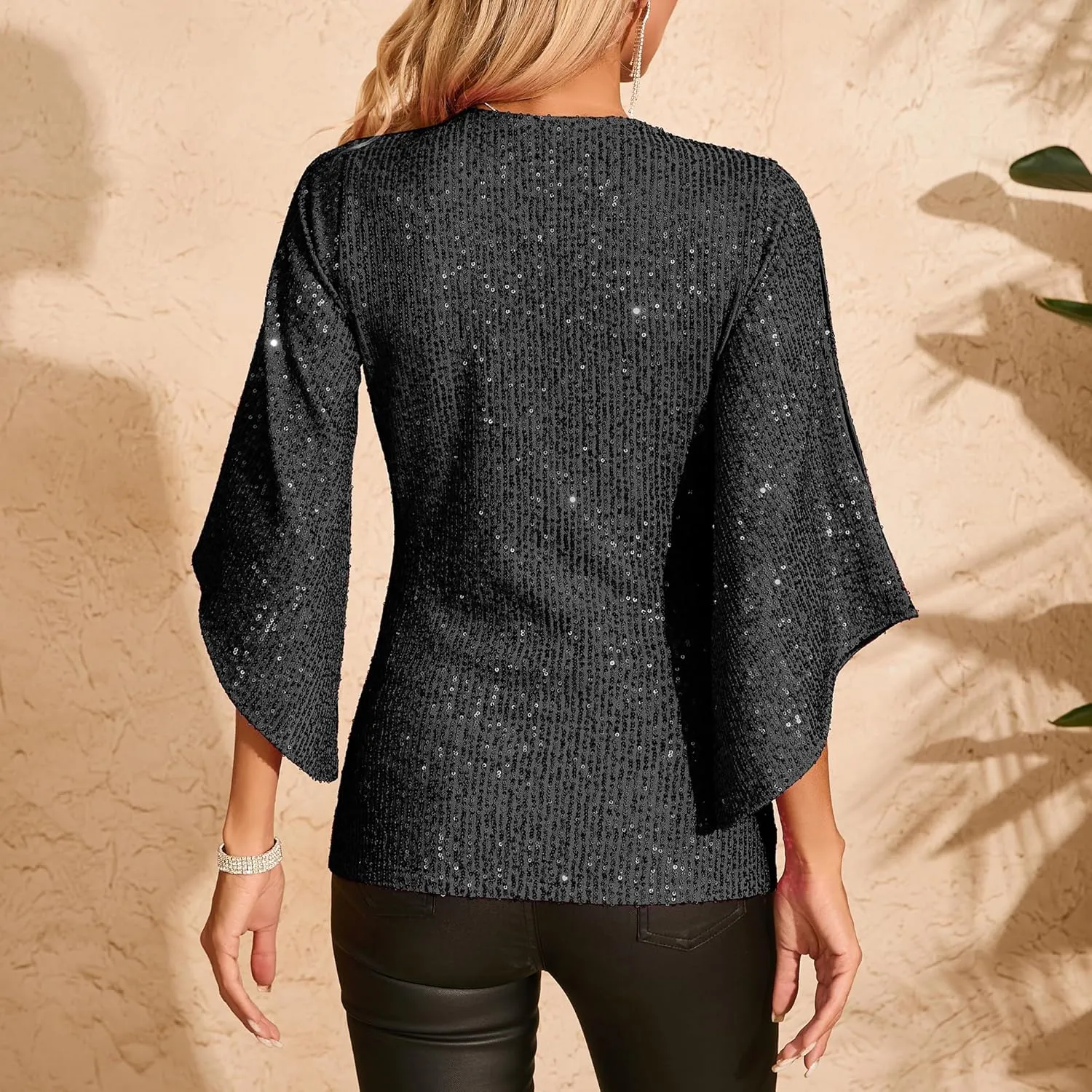 Womens Sequin Top 3/4 Sleeve Sparkly Shirt Glitter V-Neck Dressy Blouse for Evening Party Night