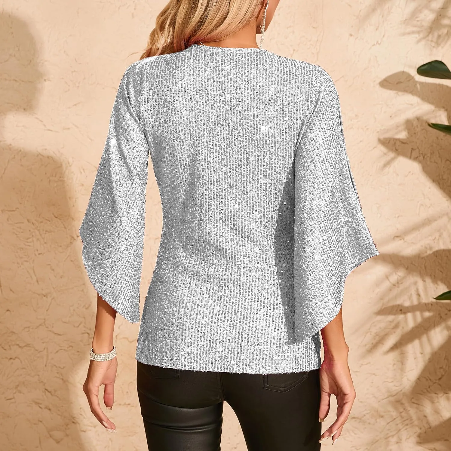 Womens Sequin Top 3/4 Sleeve Sparkly Shirt Glitter V-Neck Dressy Blouse for Evening Party Night