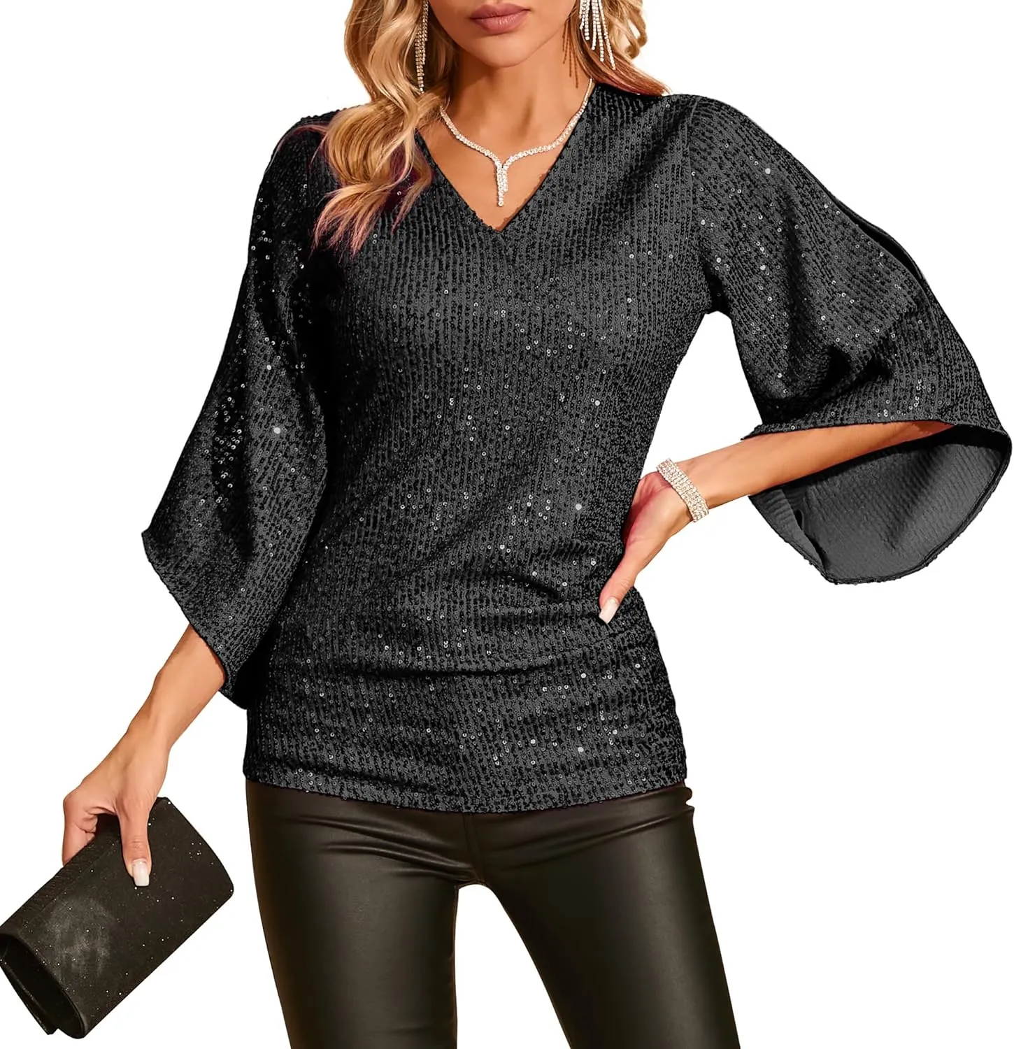 Womens Sequin Top 3/4 Sleeve Sparkly Shirt Glitter V-Neck Dressy Blouse for Evening Party Night