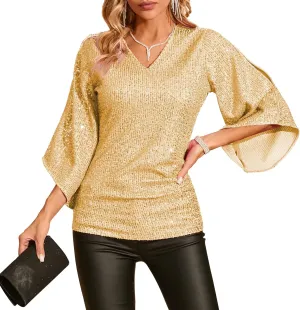 Womens Sequin Top 3/4 Sleeve Sparkly Shirt Glitter V-Neck Dressy Blouse for Evening Party Night