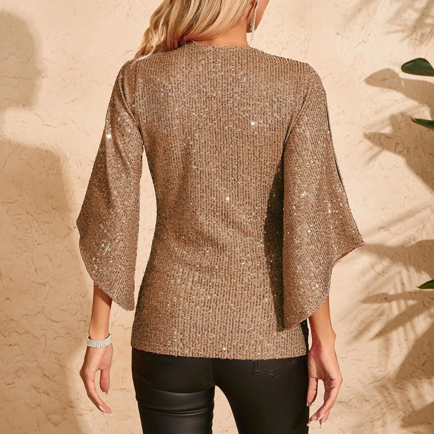 Womens Sequin Top 3/4 Sleeve Sparkly Shirt Glitter V-Neck Dressy Blouse for Evening Party Night