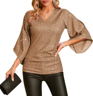 Womens Sequin Top 3/4 Sleeve Sparkly Shirt Glitter V-Neck Dressy Blouse for Evening Party Night