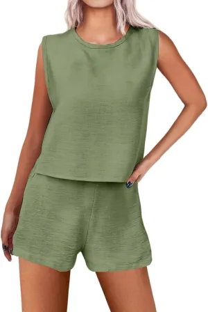 Womens Short Sets Casual Crew Neck Sleeveless Tank Tops Baggy Shorts 2 Piece Outfits Trendy Solid Color Tracksuits
