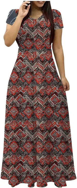 Women's Short Sleeve Boho Maxi Dresses Summer Causal Empire Waist Long Dress Wedding Guest Cocktail Party Swing Dress