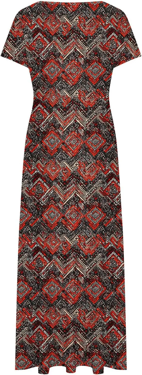 Women's Short Sleeve Boho Maxi Dresses Summer Causal Empire Waist Long Dress Wedding Guest Cocktail Party Swing Dress