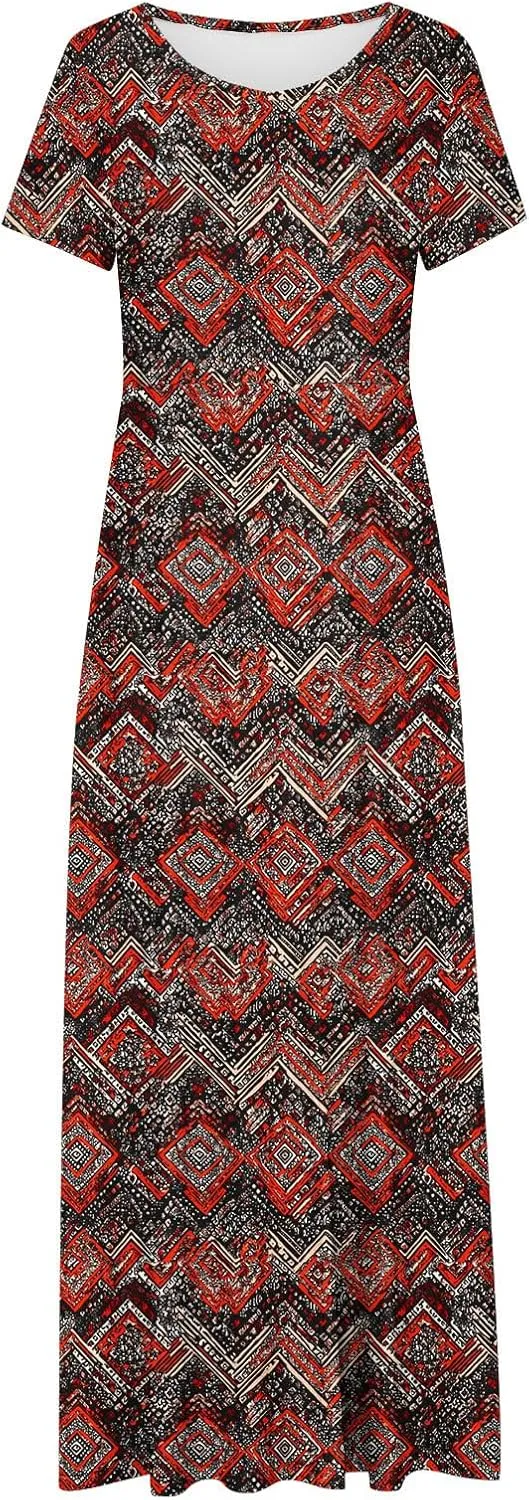 Women's Short Sleeve Boho Maxi Dresses Summer Causal Empire Waist Long Dress Wedding Guest Cocktail Party Swing Dress