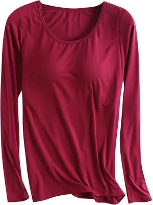 Womens Sleep and Lounge Pajamas Tops Long Sleeve Crewneck Lightweight Tee Built in Bra Ladies Sleep Shirts