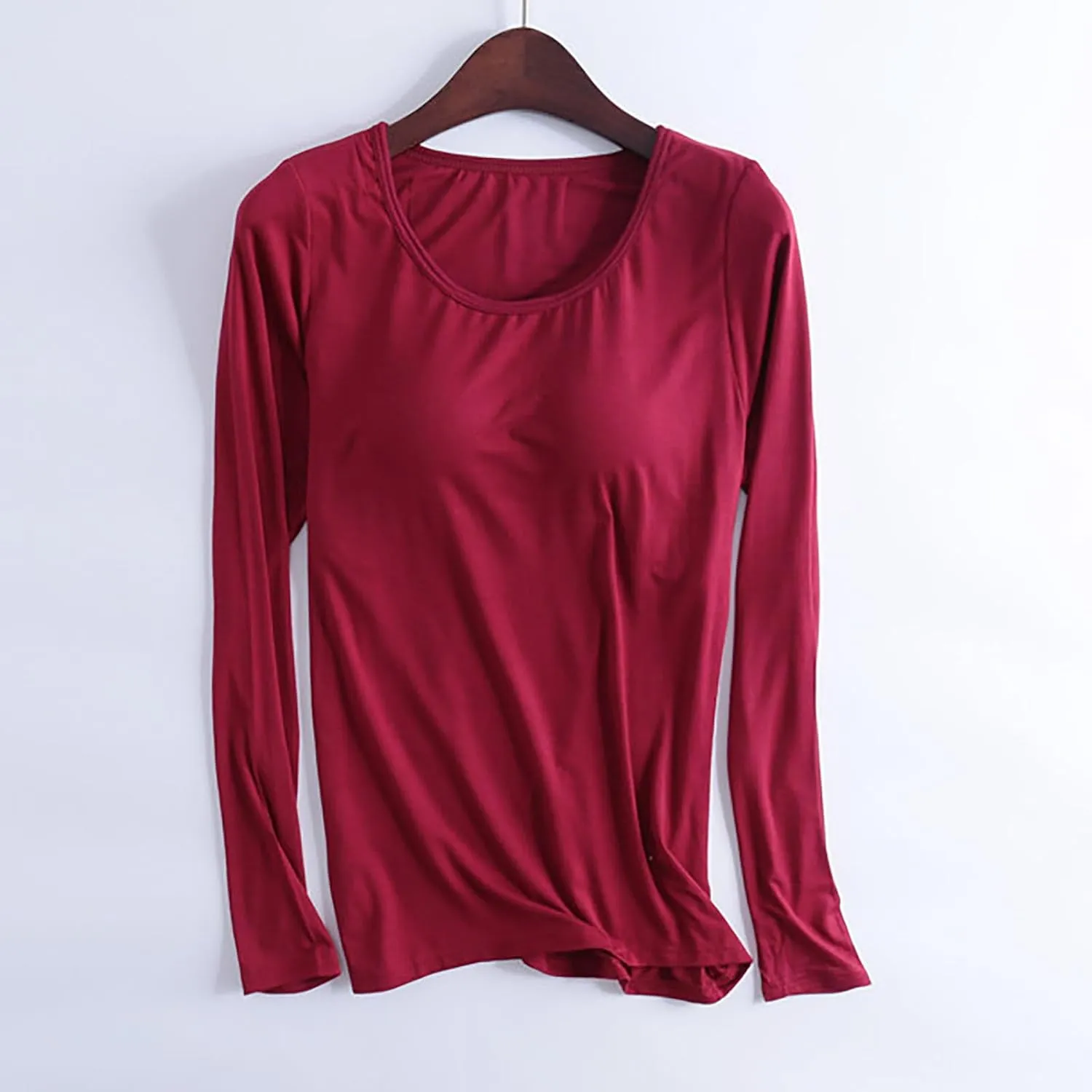 Womens Sleep and Lounge Pajamas Tops Long Sleeve Crewneck Lightweight Tee Built in Bra Ladies Sleep Shirts