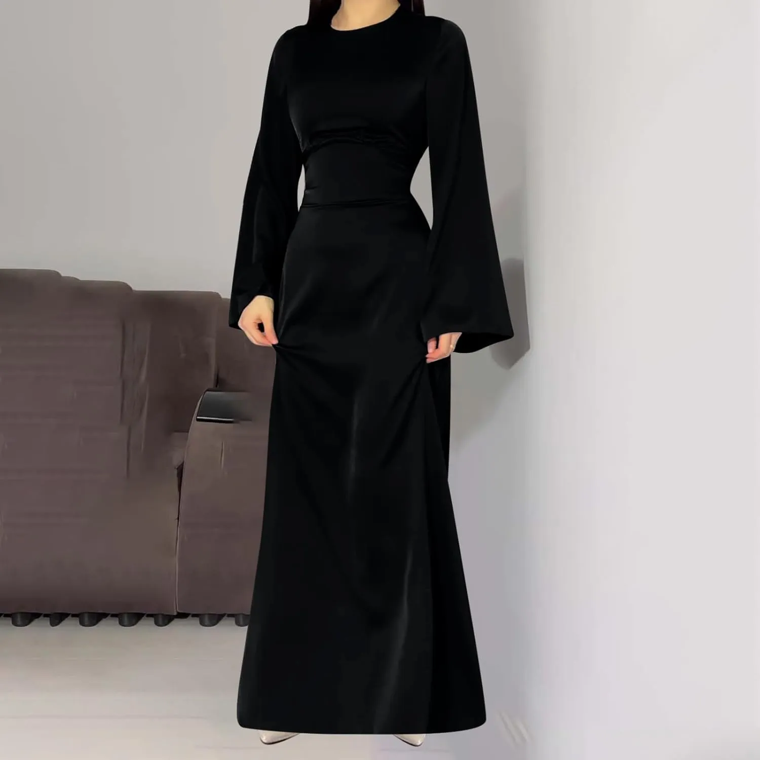 Women's Slip Satin Maxi Dress Elegant Empire Waist Long Dress Full Length Abaya Kaftan Dresses Islamic Robe Dresses