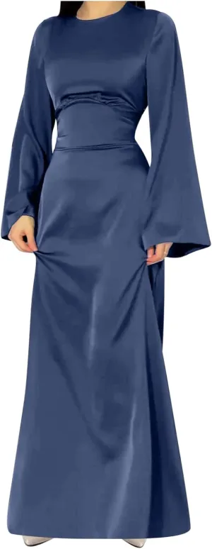 Women's Slip Satin Maxi Dress Elegant Empire Waist Long Dress Full Length Abaya Kaftan Dresses Islamic Robe Dresses