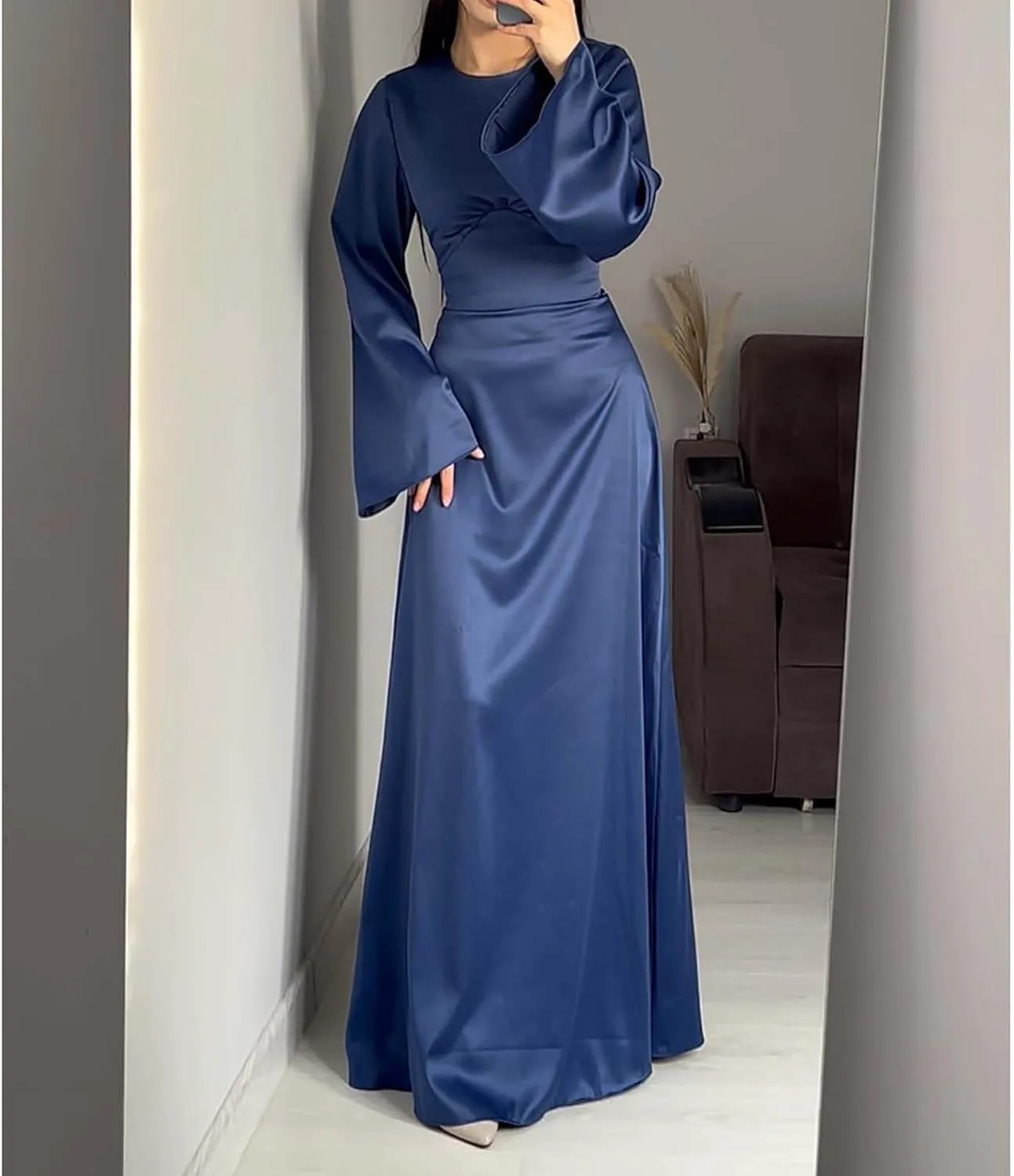 Women's Slip Satin Maxi Dress Elegant Empire Waist Long Dress Full Length Abaya Kaftan Dresses Islamic Robe Dresses